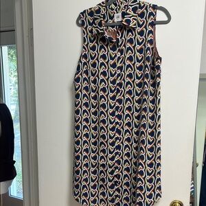 CAbi Navy Cream Green Orange Heart Chain Print Button Up Collared Dress Medium